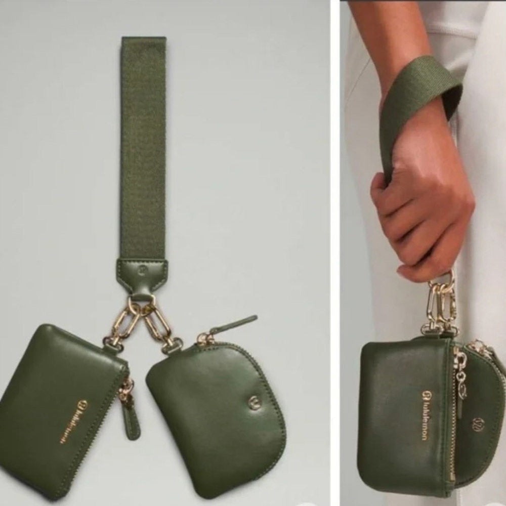 Lululemon athletica Dual Pouch Wristlet green bag purse gym keychain leather - Picture 2 of 3